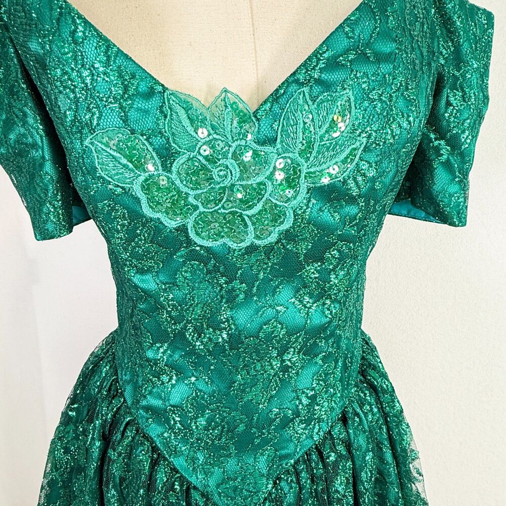 Gunne Sax | Metallic Shiny Forest Green Lace Fairy Dream Winter Dress | Sz 6 - Picture 3 of 14